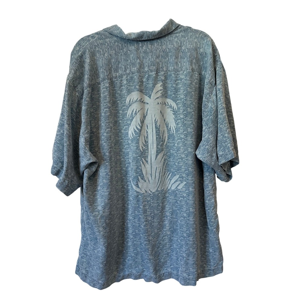 Tommy Bahama 100% Silk Palm‎ Tree Shirt XL Blue Textured Camp Button Front